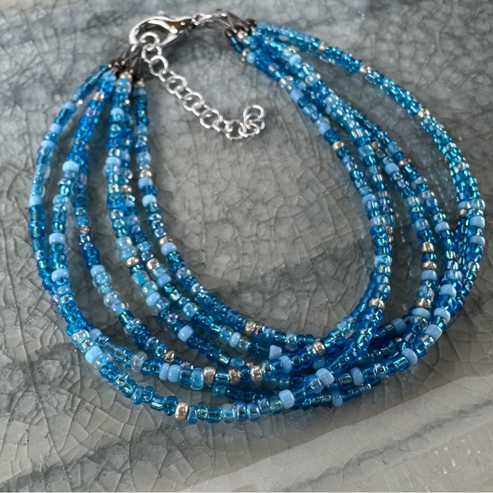 HAND CRAFTED BRACELET Ocean Blue Multi-Strand Czech Glass Beaded Delicate NWT - Picture 5 of 16